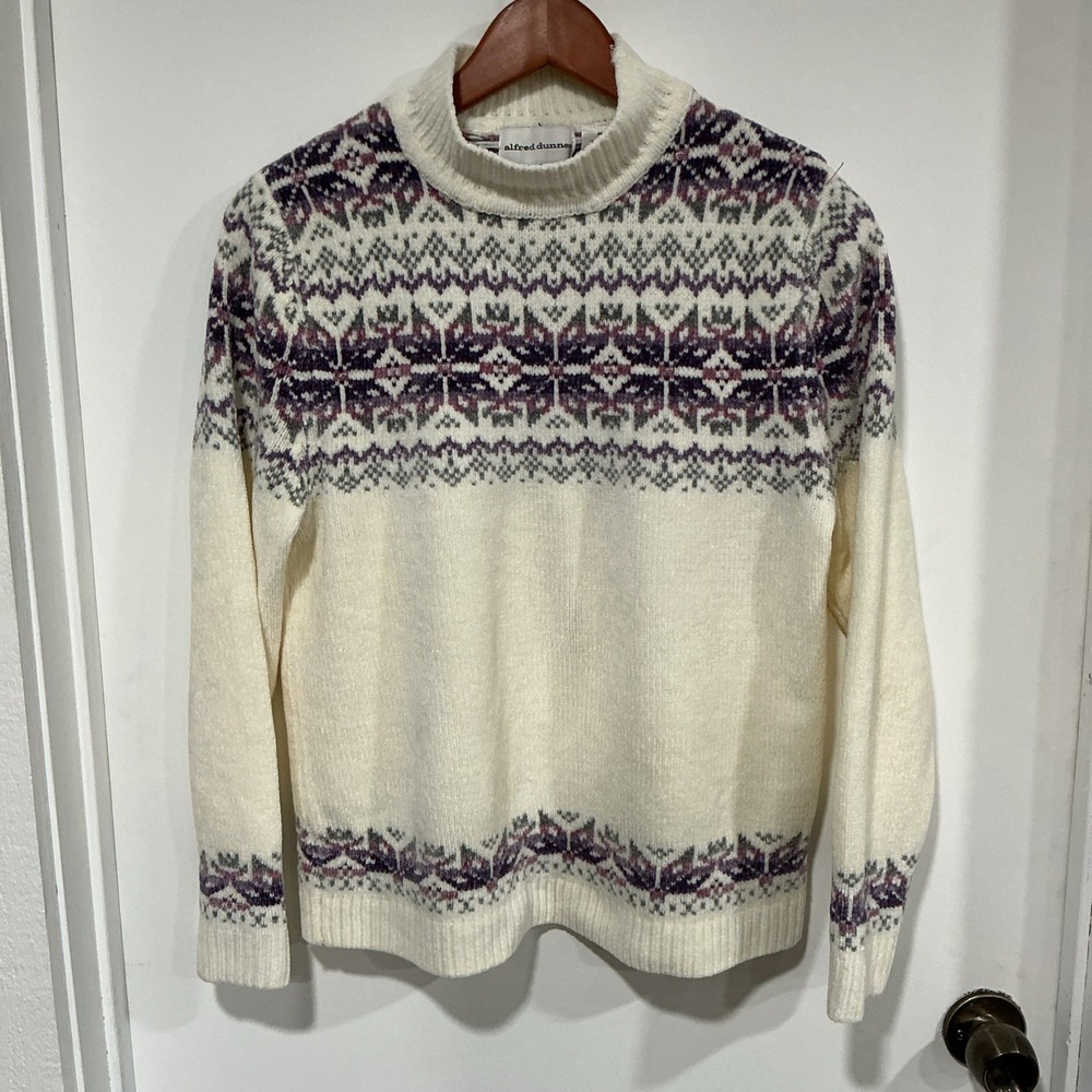 Alfred Dunner Fair Isle Snowflake Cream And Purple Mock Neck Sweater, M, Nordic